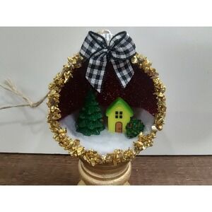 Tiny House Christmas Ornament Handmade Vtg Style Shatterproof Winter Scene O7